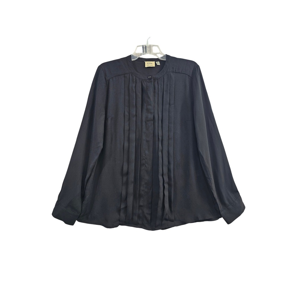 Elie Tahari Blouse Women's L Black Solid Pleated Pintuck Long Sleeve Round Neck‎